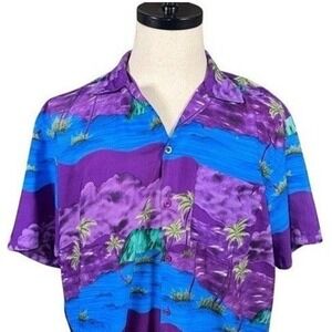 Waikiki Creations Mens XL Hawaiian Shirt Purple Blue Tropical Palm Tree RN 75031